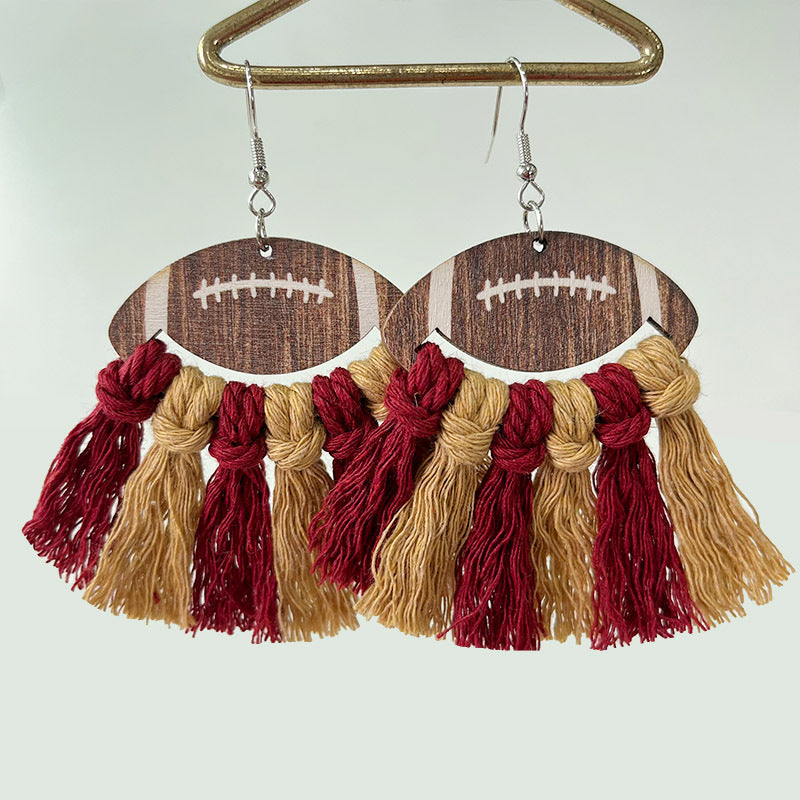 Wholesale 2 Pairs/pack Sports Woven Tassel Rugby Football Cheerleaders Wooden Drop Earrings